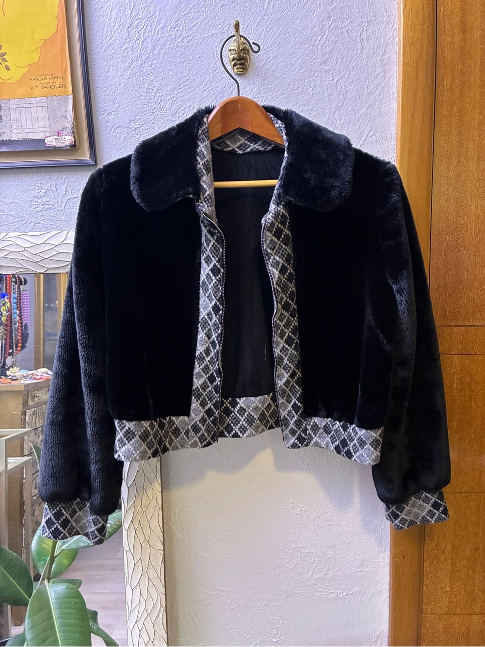 Black Faux Fur Teddy Jacket with Plaid Trim